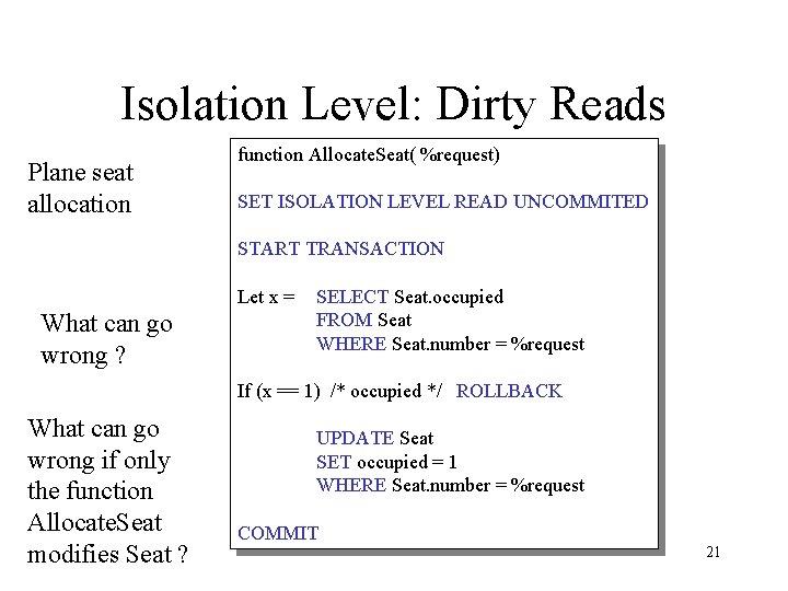 Isolation Level: Dirty Reads Plane seat allocation function Allocate. Seat( %request) SET ISOLATION LEVEL