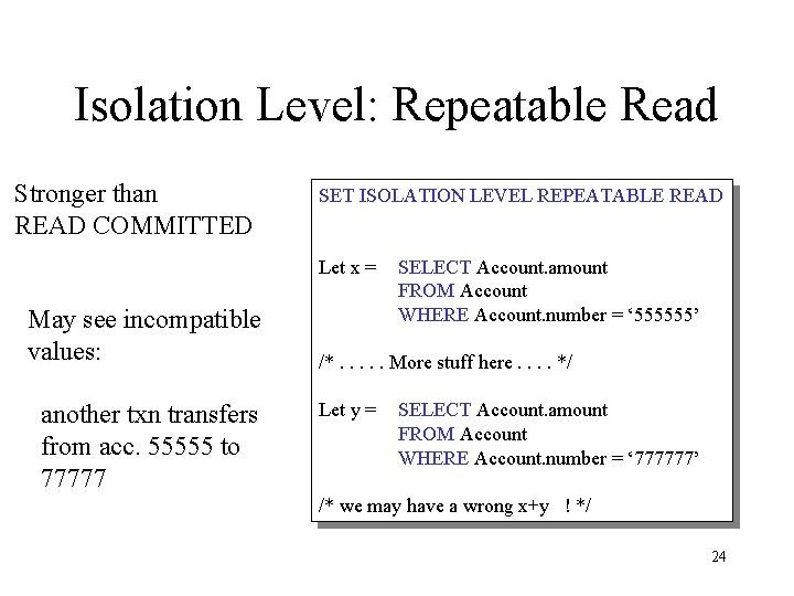 Isolation Level: Repeatable Read Stronger than READ COMMITTED SET ISOLATION LEVEL REPEATABLE READ Let