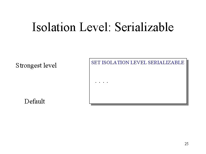 Isolation Level: Serializable Strongest level SET ISOLATION LEVEL SERIALIZABLE. . Default 25 