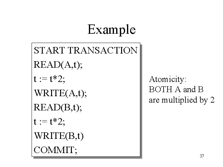 Example START TRANSACTION READ(A, t); t : = t*2; WRITE(A, t); READ(B, t); t