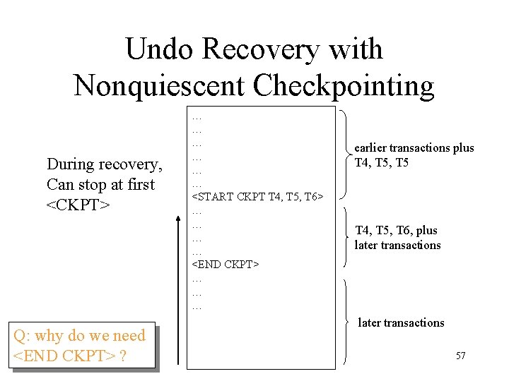 Undo Recovery with Nonquiescent Checkpointing During recovery, Can stop at first <CKPT> Q: why