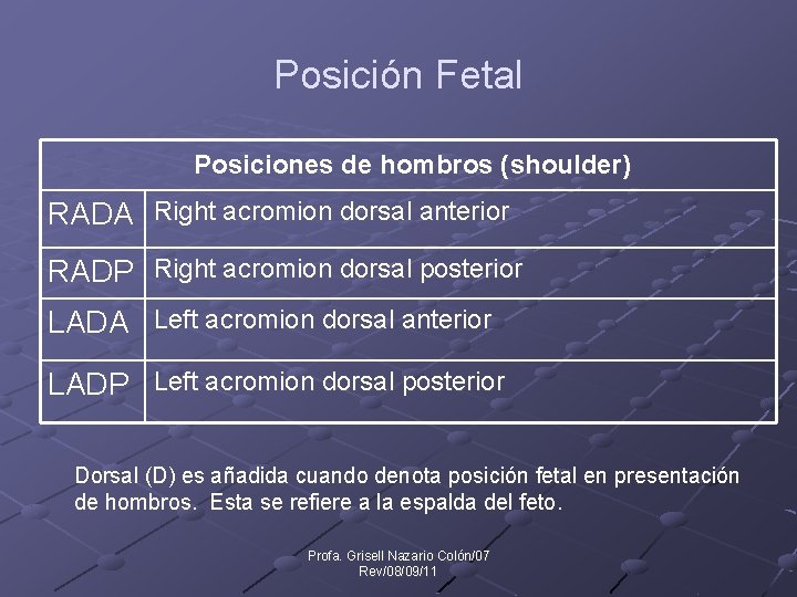 Posición Fetal Posiciones de hombros (shoulder) RADA Right acromion dorsal anterior RADP Right acromion