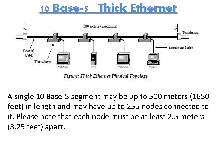 10 Base-5 Thick Ethernet A single 10 Base-5 segment may be up to 500