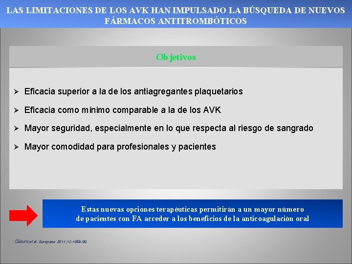 LAS LIMITACIONES DE LOS AVK HAN IMPULSADO LA BÚSQUEDA DE NUEVOS FÁRMACOS ANTITROMBÓTICOS Objetivos