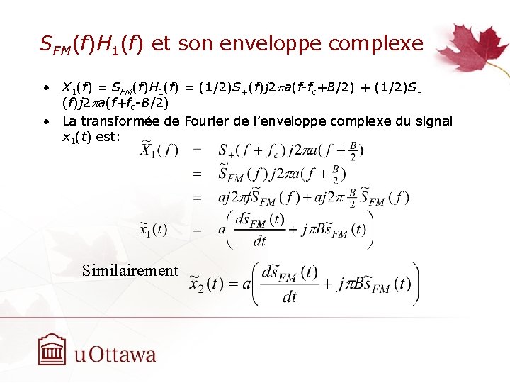 SFM(f)H 1(f) et son enveloppe complexe • X 1(f) = SFM(f)H 1(f) = (1/2)S+(f)j