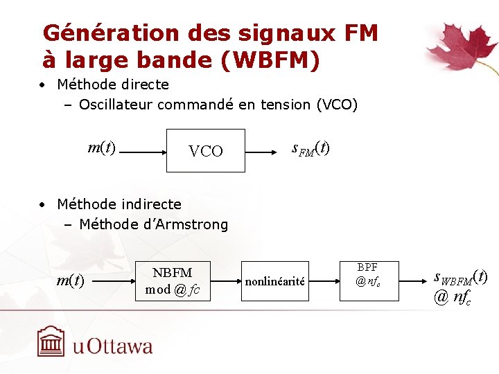 Génération des signaux FM à large bande (WBFM) • Méthode directe – Oscillateur commandé