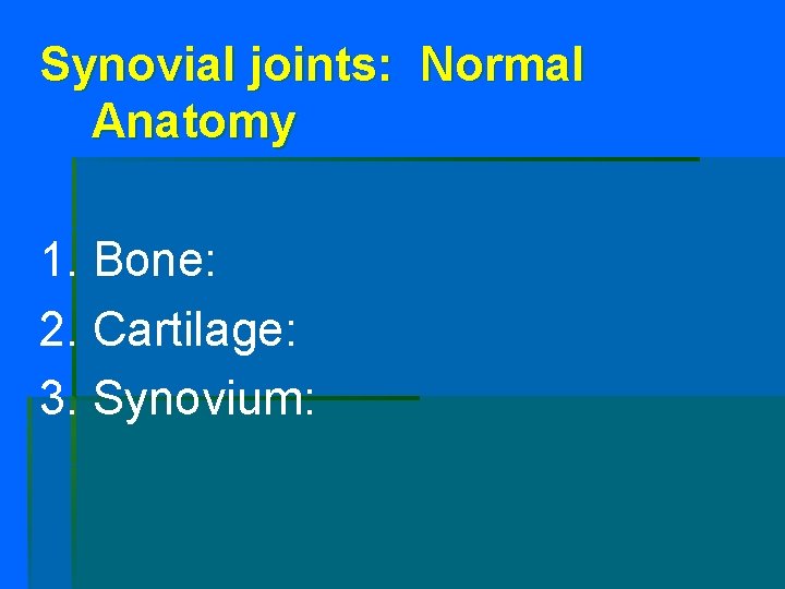 Synovial joints: Normal Anatomy 1. Bone: 2. Cartilage: 3. Synovium: Synovial joints: Normal Anatomy 1. Bone: 2. Cartilage: 3. Synovium: