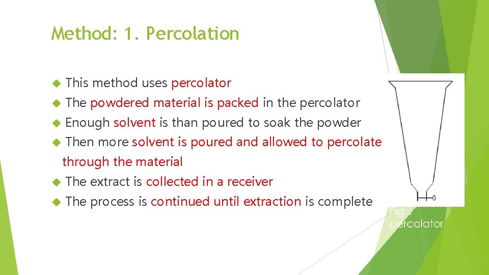 Method: 1. Percolation This method uses percolator The powdered material is packed in the