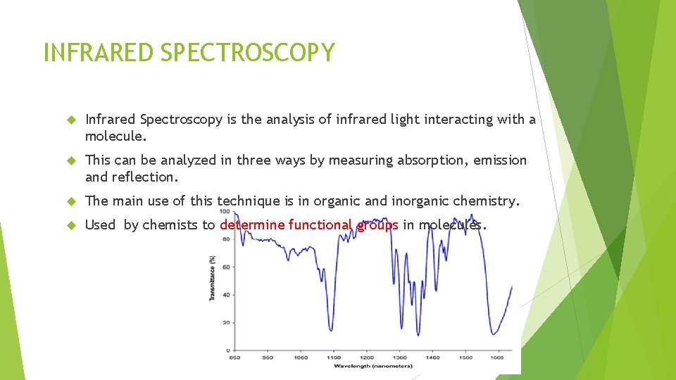 INFRARED SPECTROSCOPY Infrared Spectroscopy is the analysis of infrared light interacting with a molecule.