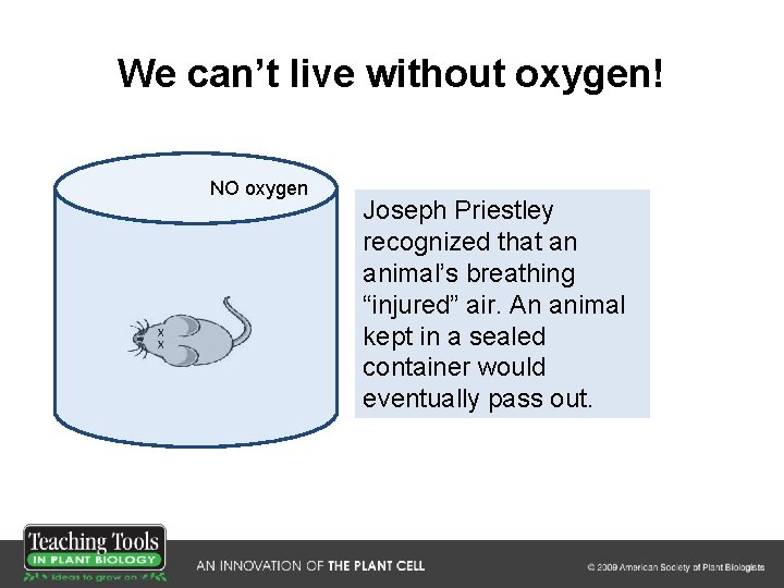 We can’t live without oxygen! NO oxygen X X Joseph Priestley recognized that an