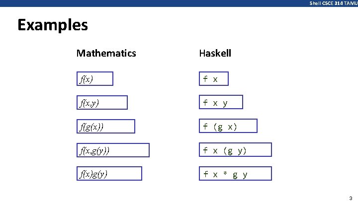 Shell CSCE 314 TAMU Examples Mathematics Haskell f(x) f x f(x, y) f x
