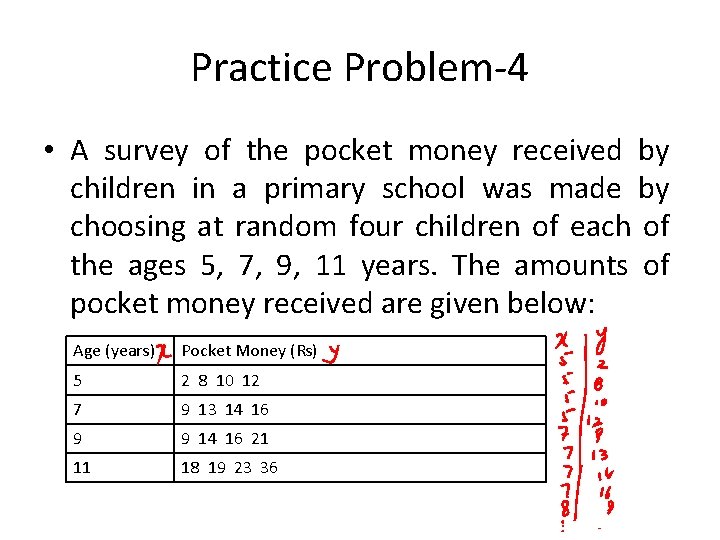 Practice Problem-4 • A survey of the pocket money received by children in a