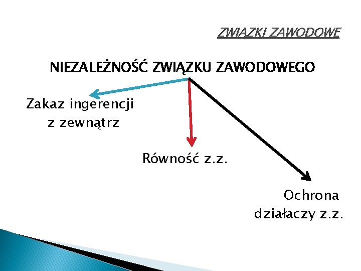 ZWIĄZKI ZAWODOWE NIEZALEŻNOŚĆ ZWIĄZKU ZAWODOWEGO Zakaz ingerencji z zewnątrz Równość z. z. Ochrona działaczy