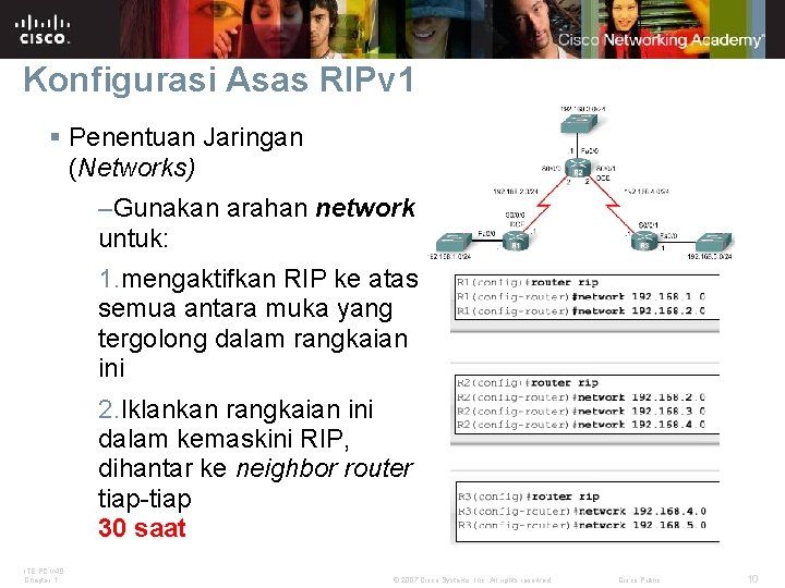 Konfigurasi Asas RIPv 1 § Penentuan Jaringan (Networks) –Gunakan arahan network untuk: 1. mengaktifkan