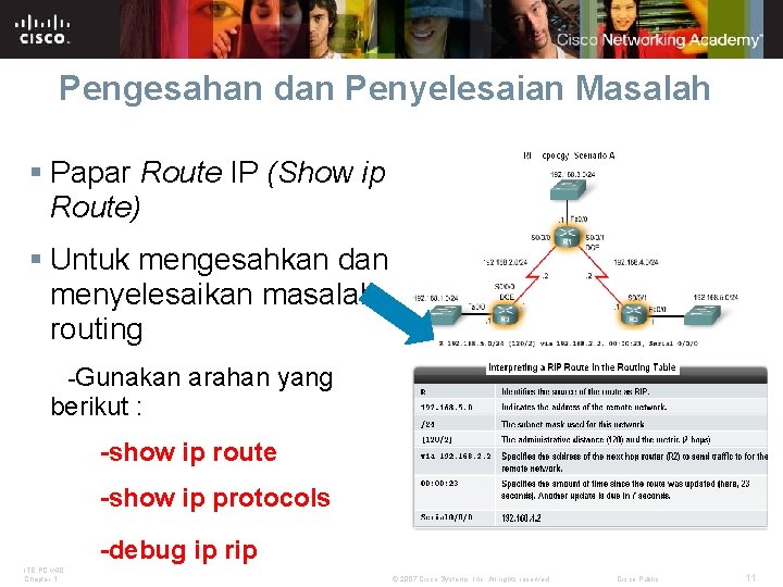 Pengesahan dan Penyelesaian Masalah § Papar Route IP (Show ip Route) § Untuk mengesahkan