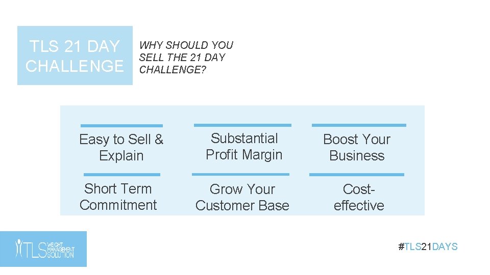TLS 21 DAY CHALLENGE WHY SHOULD YOU SELL THE 21 DAY CHALLENGE? Easy to TLS 21 DAY CHALLENGE WHY SHOULD YOU SELL THE 21 DAY CHALLENGE? Easy to