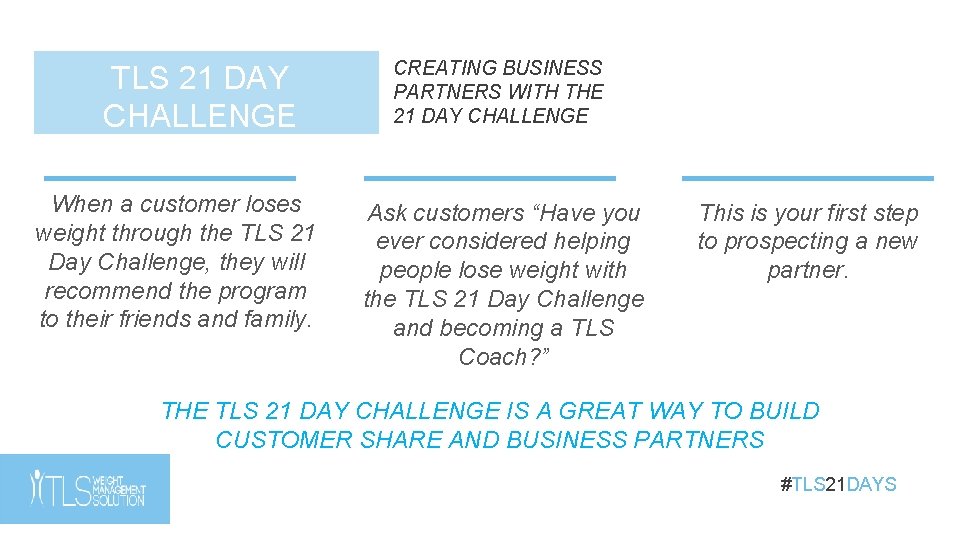 TLS 21 DAY CHALLENGE When a customer loses weight through the TLS 21 Day TLS 21 DAY CHALLENGE When a customer loses weight through the TLS 21 Day