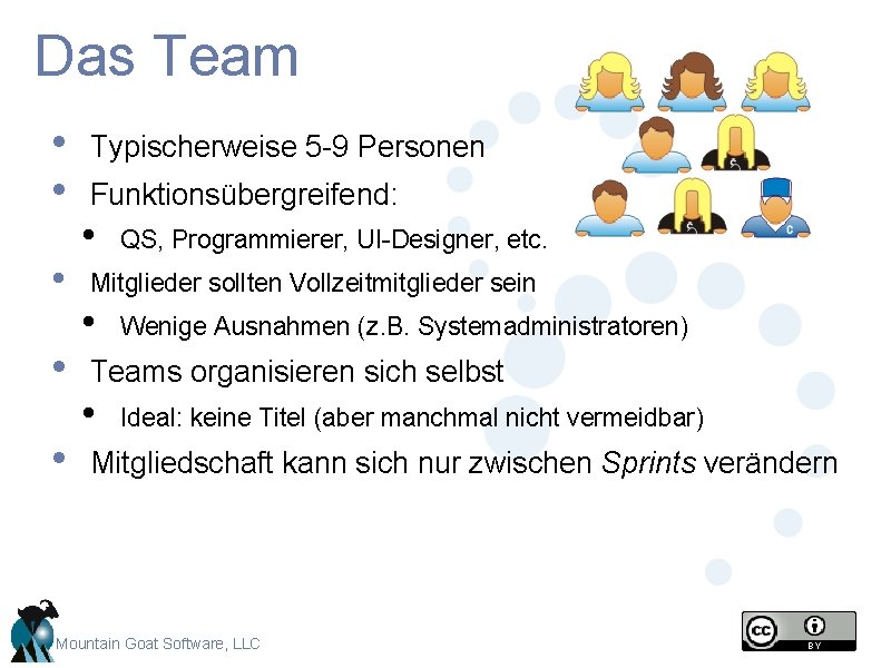 Das Team • • • Typischerweise 5 -9 Personen Funktionsübergreifend: • QS, Programmierer, UI-Designer, Das Team • • • Typischerweise 5 -9 Personen Funktionsübergreifend: • QS, Programmierer, UI-Designer,