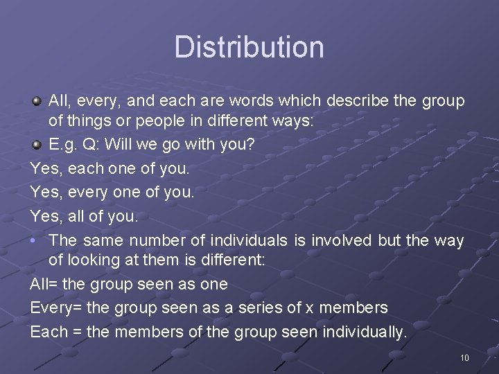 Distribution All, every, and each are words which describe the group of things or