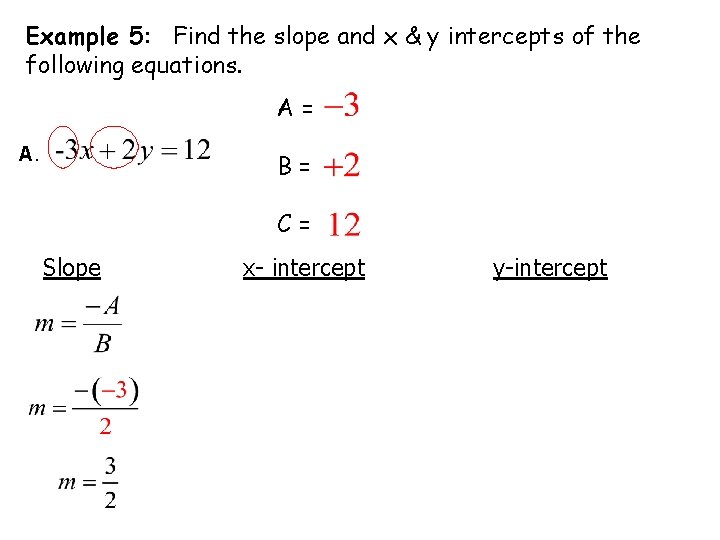 Example 5: Find the slope and x & y intercepts of the following equations.