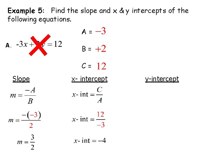 Example 5: Find the slope and x & y intercepts of the following equations.