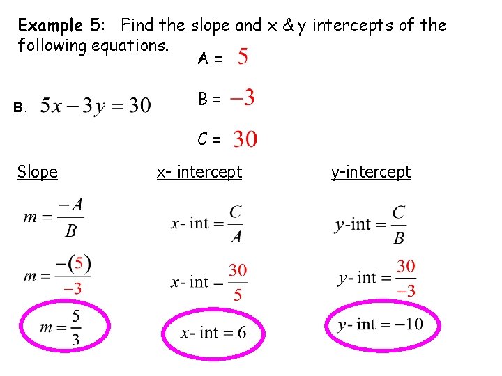 Example 5: Find the slope and x & y intercepts of the following equations.