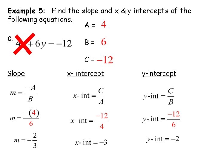 Example 5: Find the slope and x & y intercepts of the following equations.