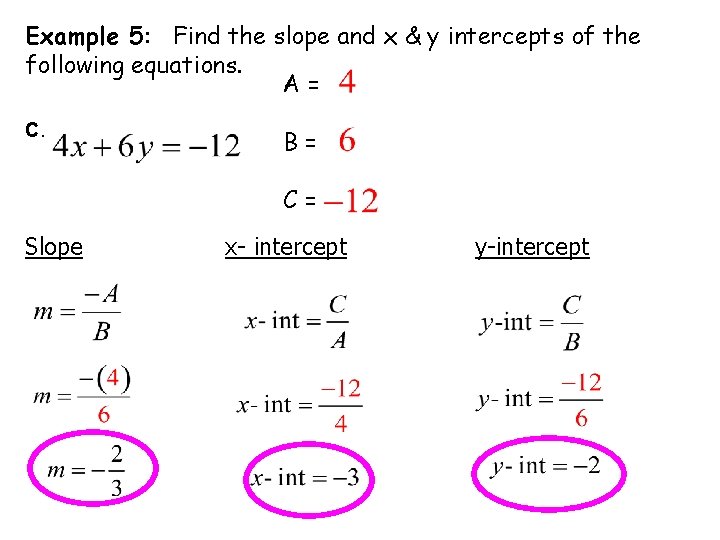 Example 5: Find the slope and x & y intercepts of the following equations. Example 5: Find the slope and x & y intercepts of the following equations.