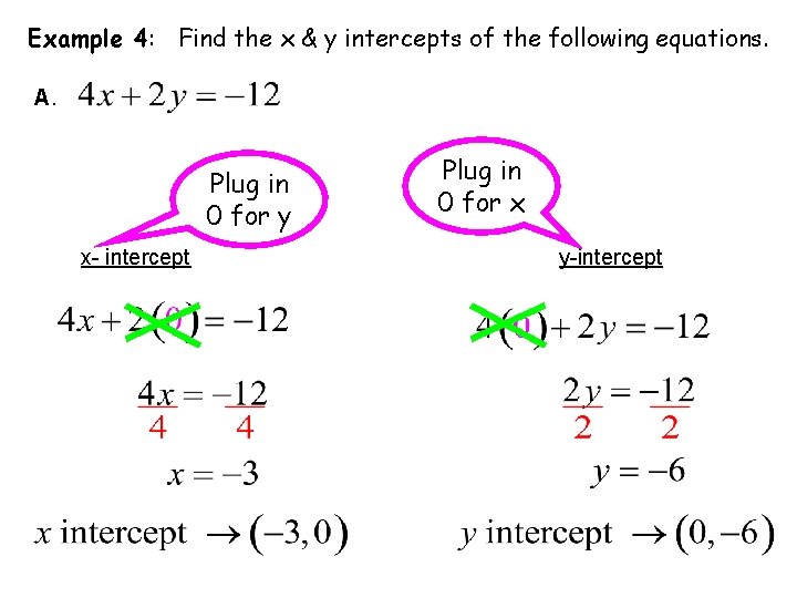 Example 4: Find the x & y intercepts of the following equations. A. Plug