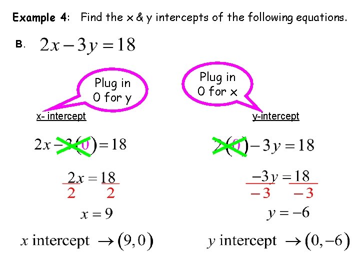 Example 4: Find the x & y intercepts of the following equations. B. Plug Example 4: Find the x & y intercepts of the following equations. B. Plug