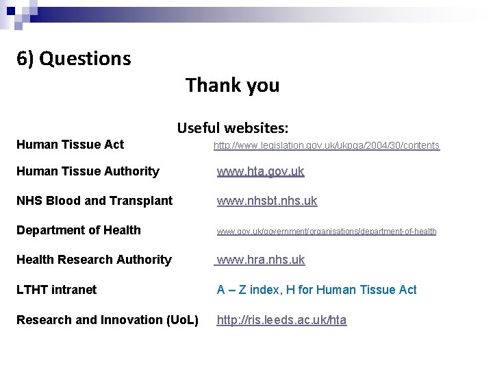 6) Questions Thank you Useful websites: Human Tissue Act http: //www. legislation. gov. uk/ukpga/2004/30/contents 6) Questions Thank you Useful websites: Human Tissue Act http: //www. legislation. gov. uk/ukpga/2004/30/contents