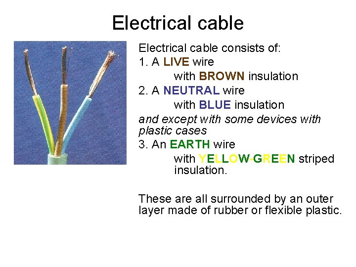 Electrical cable consists of: 1. A LIVE wire with BROWN insulation 2. A NEUTRAL