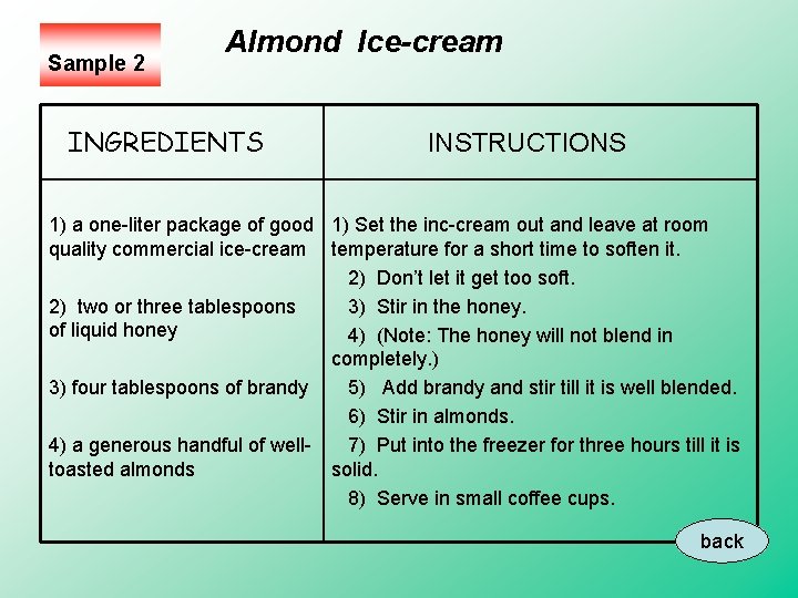 Sample 2 Almond Ice-cream INGREDIENTS INSTRUCTIONS 1) a one-liter package of good 1) Set