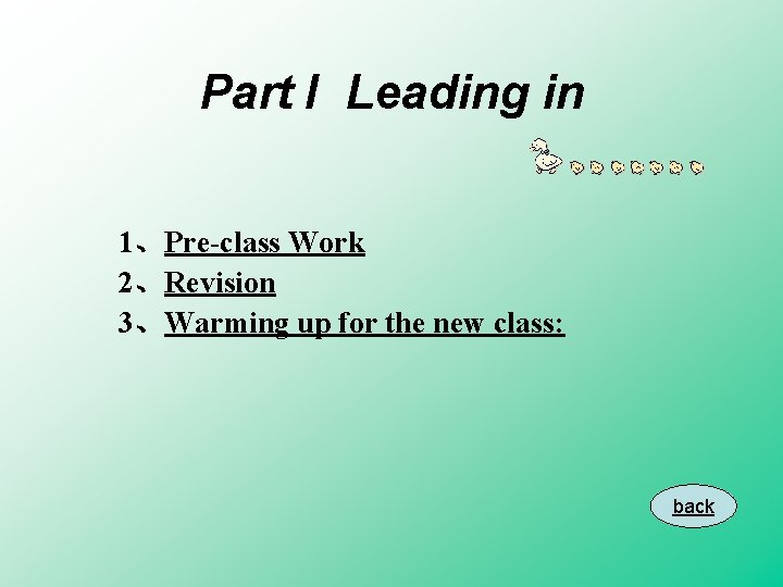 Part I Leading in 1、Pre-class Work 2、Revision 3、Warming up for the new class: back