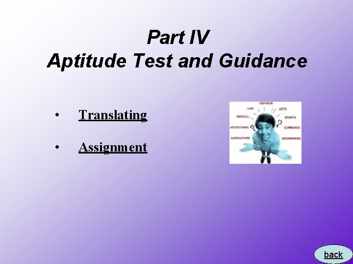 Part IV Aptitude Test and Guidance • Translating • Assignment back 
