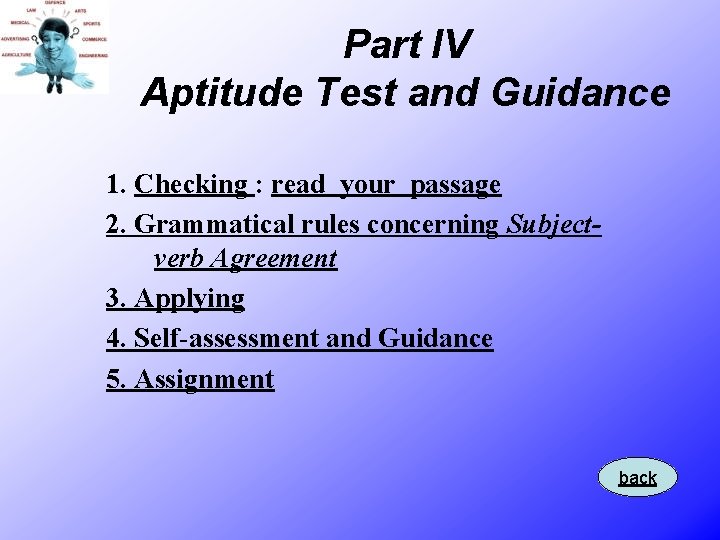 Part IV Aptitude Test and Guidance 1. Checking : read your passage 2. Grammatical