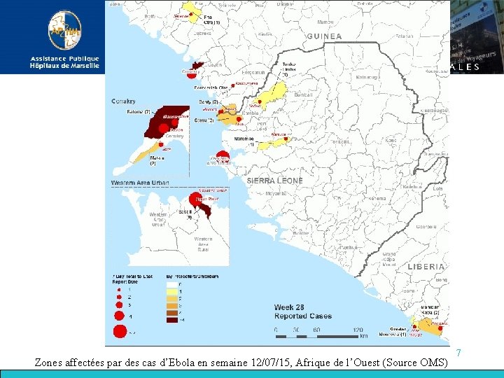 Zones affectées par des cas d’Ebola en semaine 12/07/15, Afrique de l’Ouest (Source OMS)