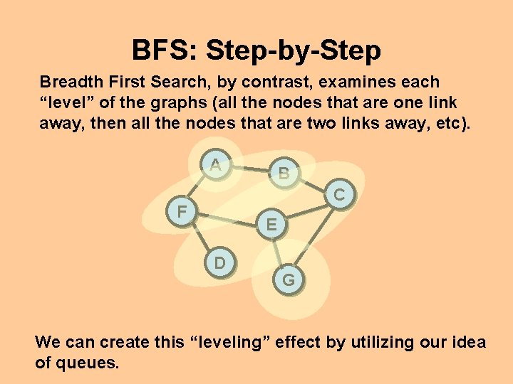 BFS: Step-by-Step Breadth First Search, by contrast, examines each “level” of the graphs (all