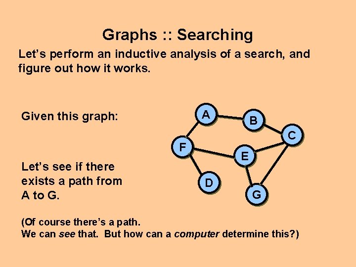 Graphs : : Searching Let’s perform an inductive analysis of a search, and figure