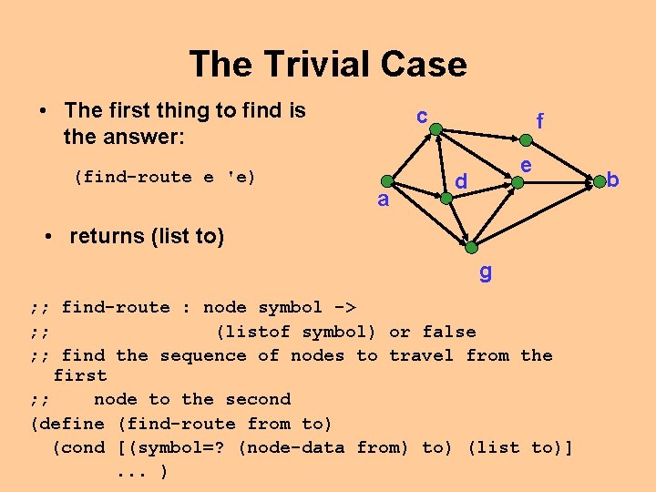 The Trivial Case • The first thing to find is the answer: (find-route e