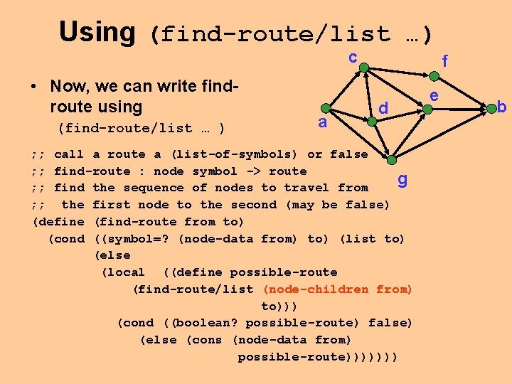 Using (find-route/list …) c • Now, we can write findroute using (find-route/list … )