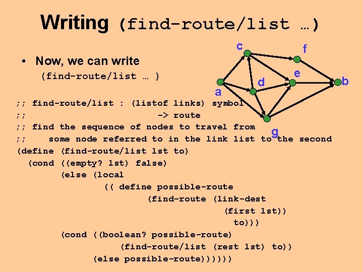 Writing (find-route/list …) c f • Now, we can write (find-route/list … ) a