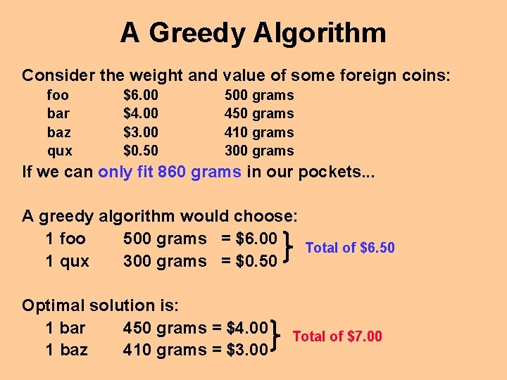 A Greedy Algorithm Consider the weight and value of some foreign coins: foo bar