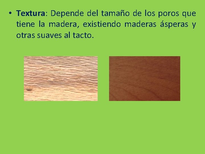  • Textura: Depende del tamaño de los poros que tiene la madera, existiendo