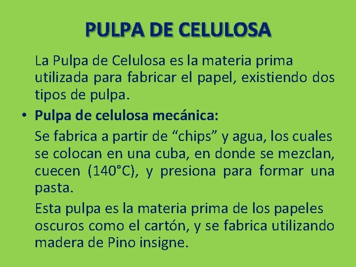 PULPA DE CELULOSA La Pulpa de Celulosa es la materia prima utilizada para fabricar