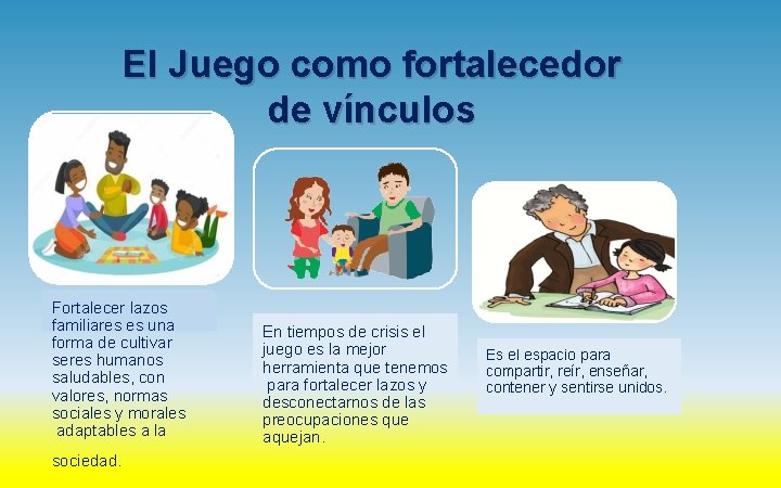 El Juego como fortalecedor de vínculos Fortalecer lazos familiares es una forma de cultivar