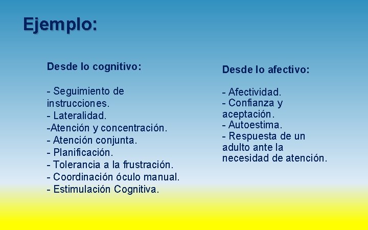 Ejemplo: Desde lo cognitivo: Desde lo afectivo: - Seguimiento de instrucciones. - Lateralidad. -Atención