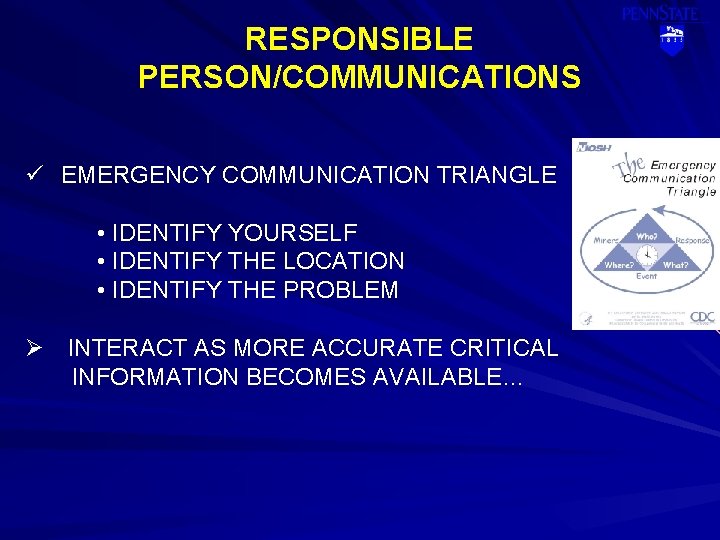 RESPONSIBLE PERSON/COMMUNICATIONS ü EMERGENCY COMMUNICATION TRIANGLE • IDENTIFY YOURSELF • IDENTIFY THE LOCATION •