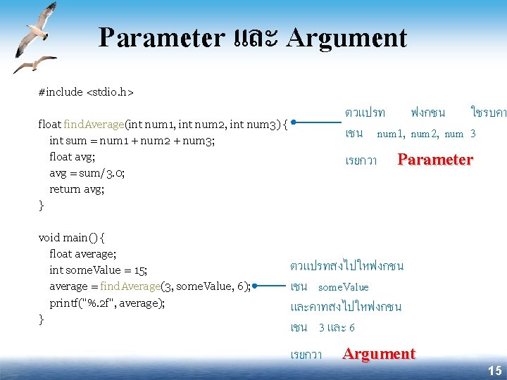 Parameter และ Argument #include <stdio. h> ตวแปรท ฟงกชน ใชรบคา เชน num 1, num 2,