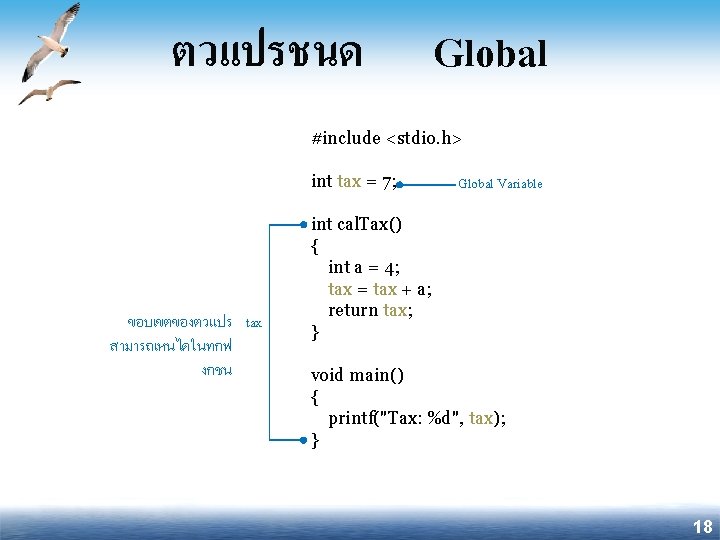 ตวแปรชนด Global #include <stdio. h> int tax = 7; ขอบเขตของตวแปร tax สามารถเหนไดในทกฟ งกชน Global